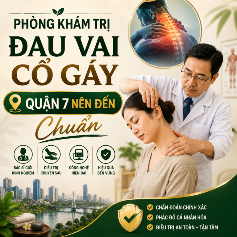 Địa chỉ phòng khám trị đau vai cổ gáy Quận 7 chuẩn y khoa. Điều trị hiệu quả thoát vị đĩa đệm bằng liệu pháp nắn chỉnh cột sống và sóng xung kích
