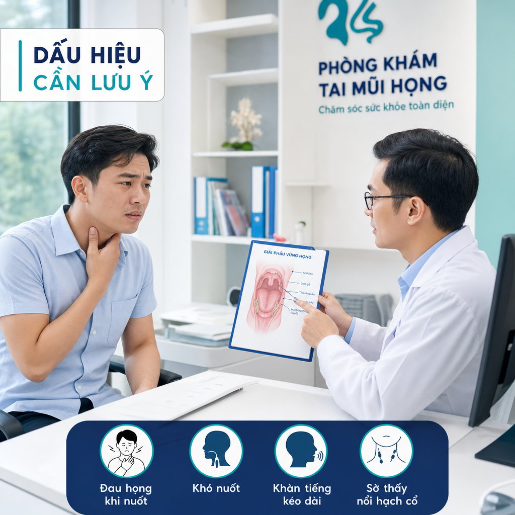 Người bệnh có dấu hiệu đau họng kéo dài, khó nuốt và khàn tiếng trong phòng khám tai mũi họng
