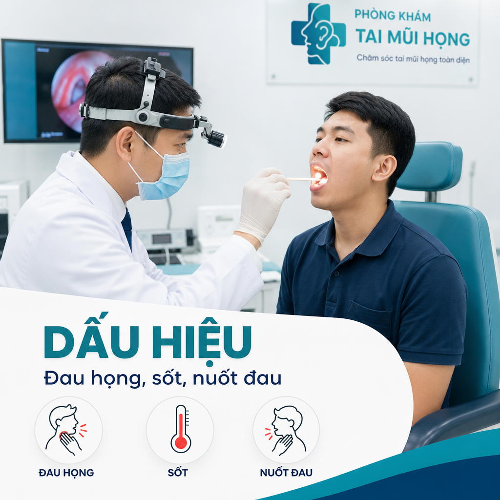 Bác sĩ khám họng cho người bệnh có dấu hiệu viêm amidan