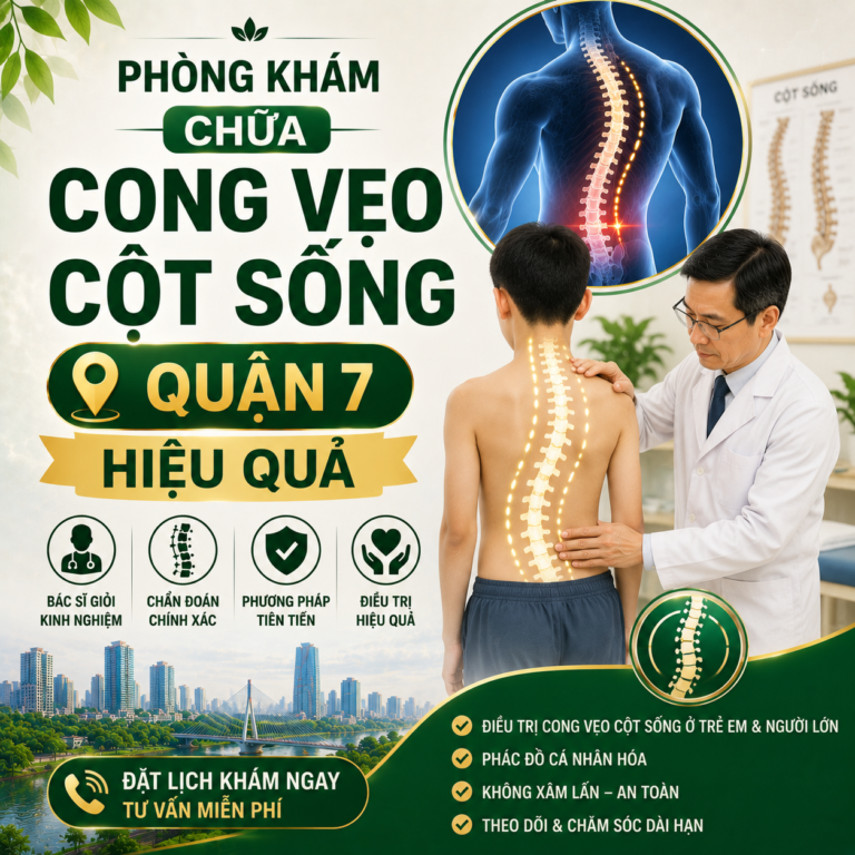 Phòng khám chữa cong vẹo cột sống Quận 7 chuẩn y khoa. Điều trị hiệu quả bằng phương pháp nắn chỉnh cột sống, phục hồi trục đối xứng cơ thể