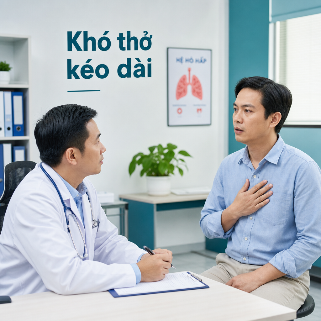 Bác sĩ tư vấn cho người bệnh khó thở nhẹ kéo dài trong phòng khám