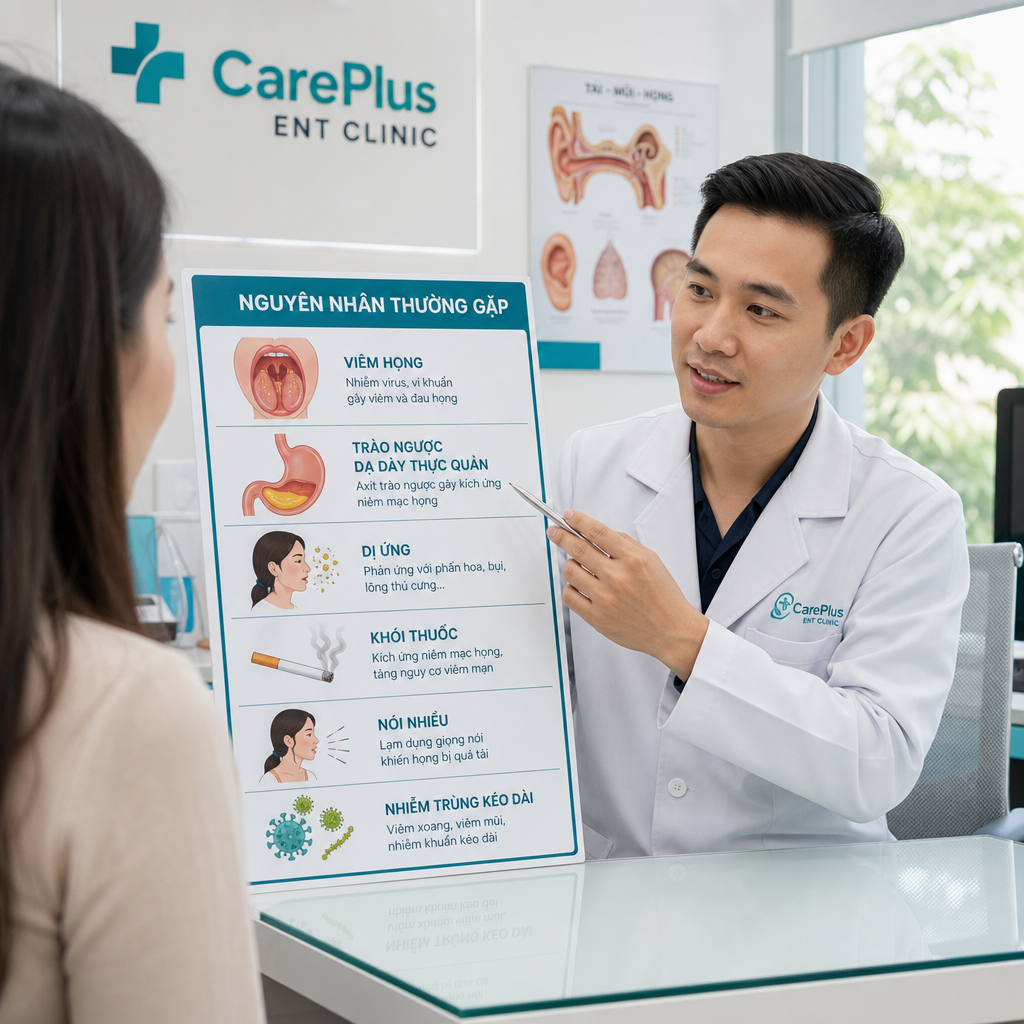 Bác sĩ giải thích các nguyên nhân thường gặp của đau họng kéo dài như viêm họng, trào ngược, dị ứng và khói thuốc