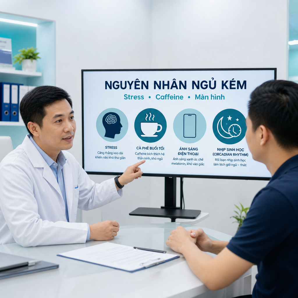 Nguyên nhân ngủ không sâu giấc như stress, caffeine và màn hình