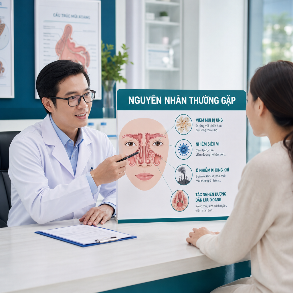 Bác sĩ giải thích nguyên nhân thường gặp của viêm xoang như dị ứng, nhiễm siêu vi và ô nhiễm không khí