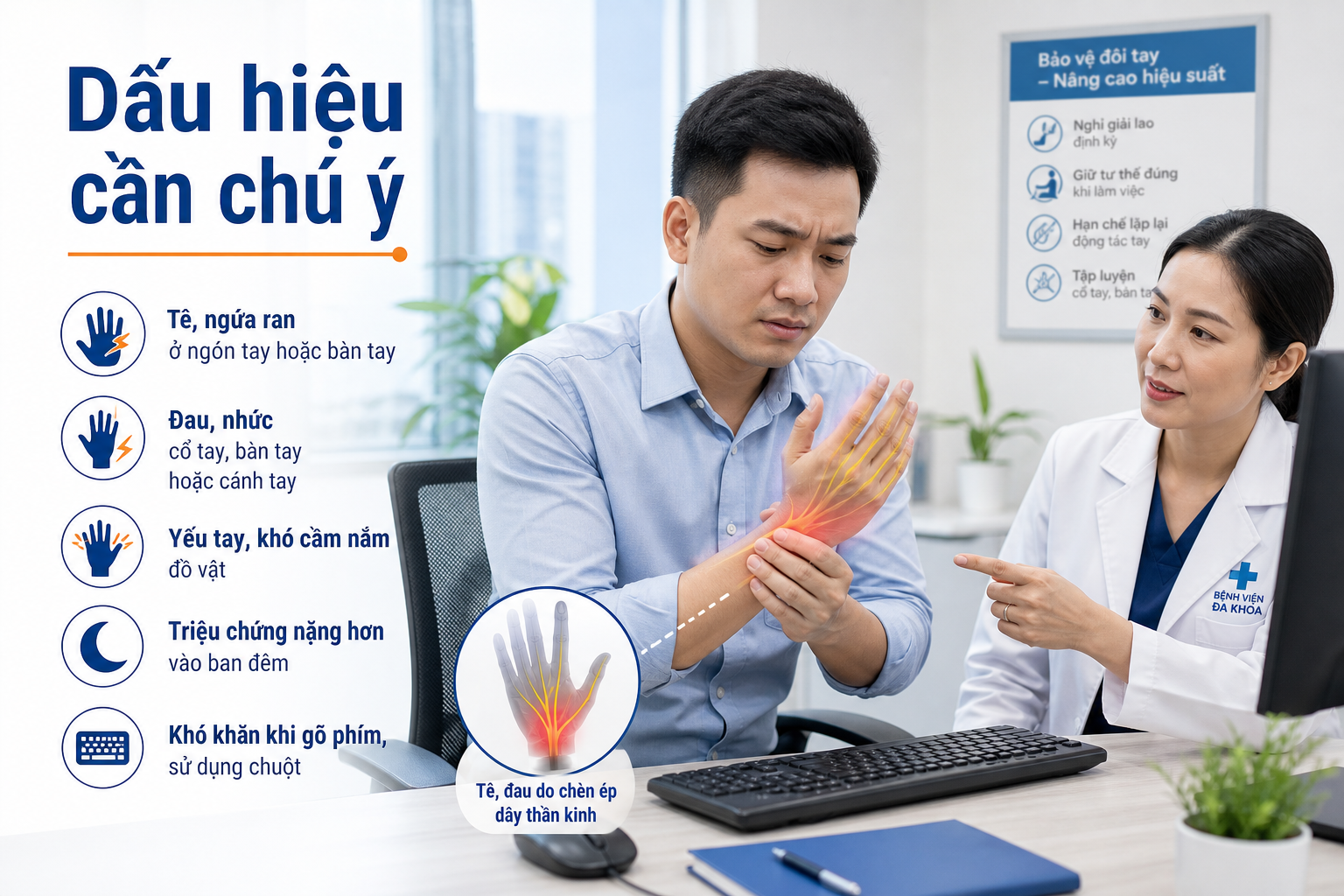 Minh họa dấu hiệu đau cổ tay tê tay cần chú ý