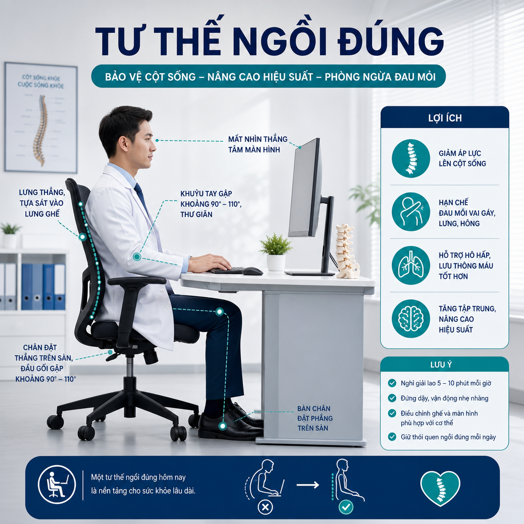 Tư thế ngồi đúng giúp giảm áp lực lên cột sống thắt lưng