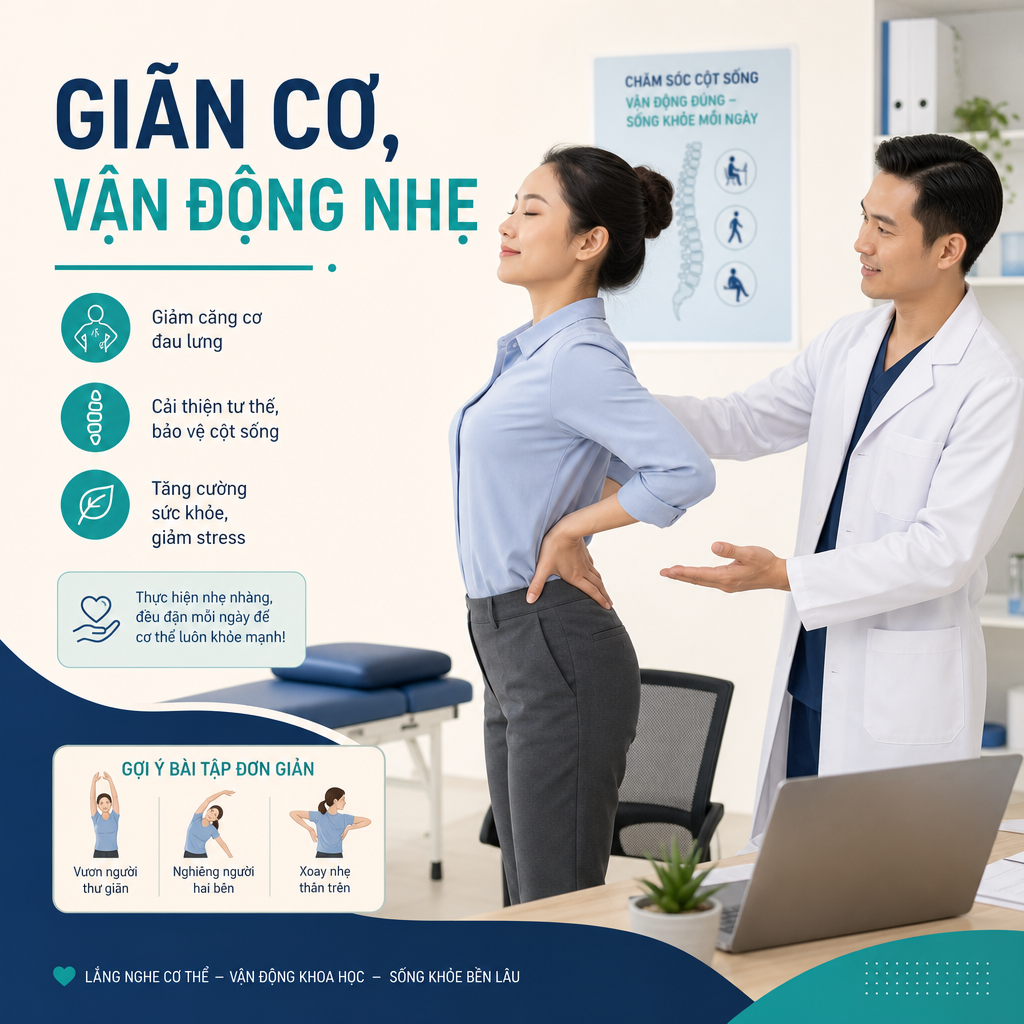 Giãn cơ và vận động nhẹ giúp phòng tránh đau lưng khi làm việc lâu