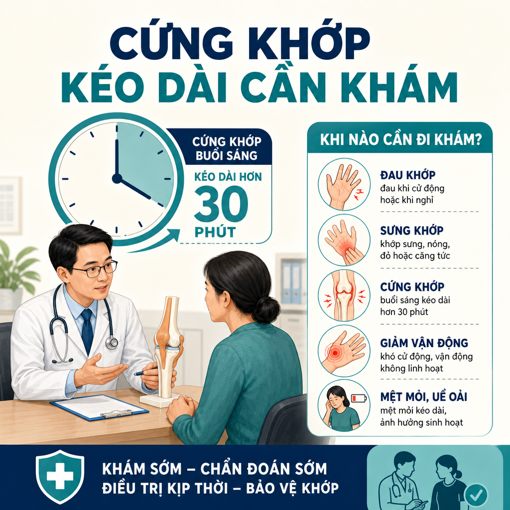 Cứng khớp kéo dài kèm sưng đau nên được thăm khám sớm
