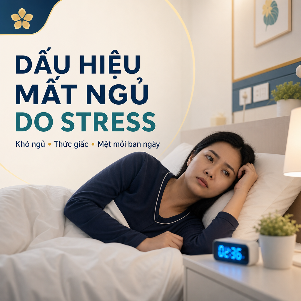 Dấu hiệu mất ngủ do stress thường gồm khó ngủ, thức giấc giữa đêm và mệt mỏi ban ngày.