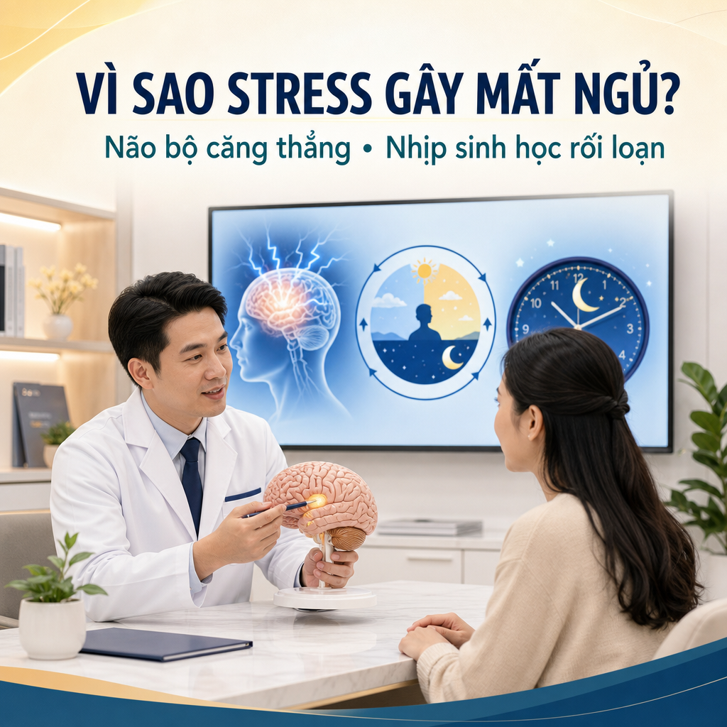 Stress có thể khiến não bộ căng thẳng và làm rối loạn nhịp sinh học của giấc ngủ.