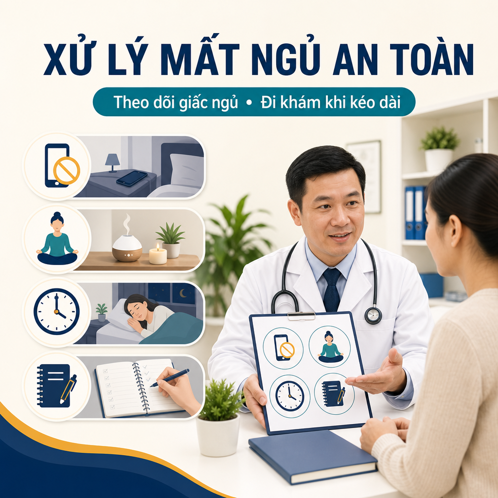 Xử lý mất ngủ do stress cần theo dõi giấc ngủ, điều chỉnh thói quen và đi khám khi kéo dài.